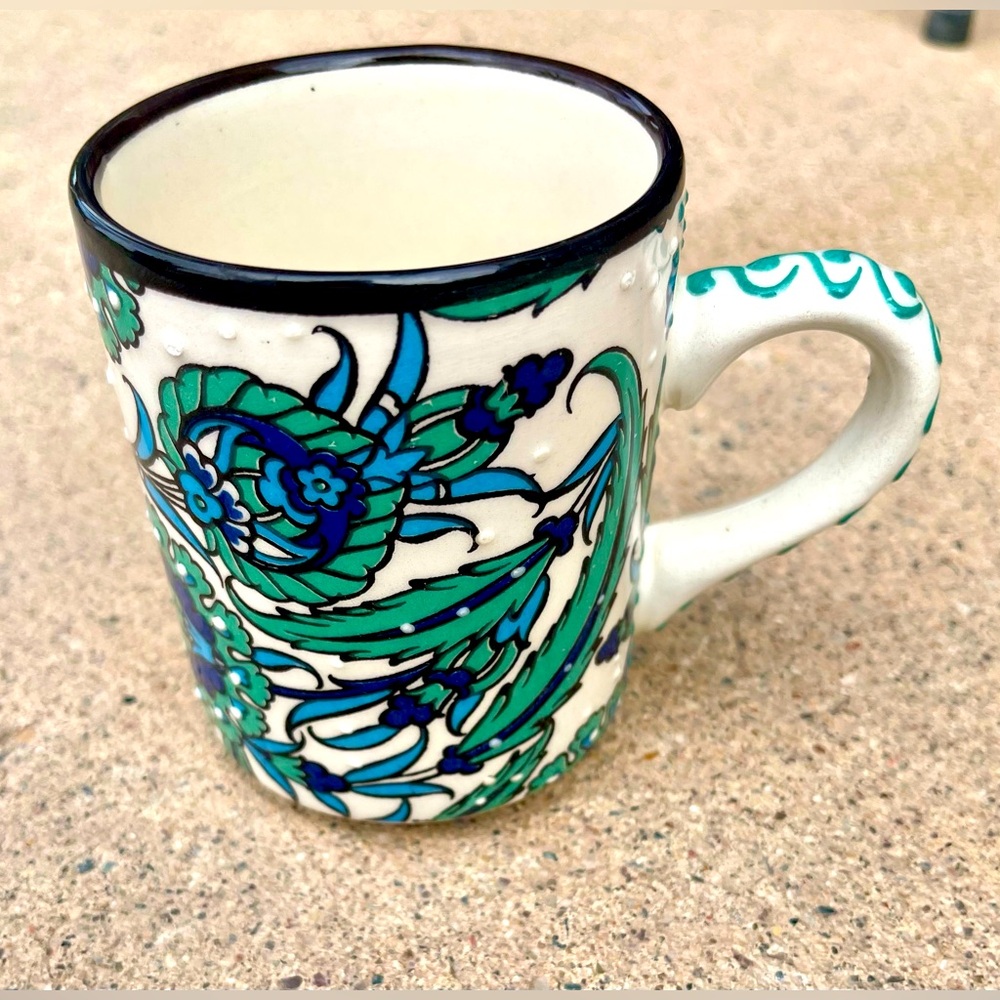 Nakkas Ceramic Coffee Mug Cup Handmade Handpainted Turkey Blue Floral
